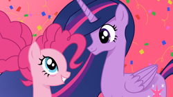 Size: 1920x1080 | Tagged: safe, artist:sallyso, pinkie pie, twilight sparkle, alicorn, earth pony, pony, g4, the last problem, alternate hairstyle, confetti, cute, diapinkes, duo, female, grin, mare, older, older pinkie pie, older twilight, older twilight sparkle (alicorn), pink background, princess twilight 2.0, simple background, smiling, twiabetes, twilight sparkle (alicorn)