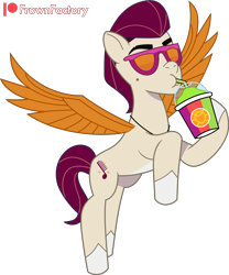 Size: 3000x3602 | Tagged: safe, artist:frownfactory, rocky riff, pegasus, pony, g5, my little pony: tell your tale, ponytropico, spoiler:g5, spoiler:my little pony: tell your tale, spoiler:tyts01e52, concave belly, drink, drinking, drinking straw, flying, high res, hooves, male, mole, pale belly, simple background, smoothie, stallion, sunglasses, transparent background, vector, white belly, wings