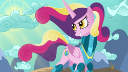 Size: 1920x1080 | Tagged: safe, artist:sallyso, princess cadance, alicorn, pony, g4, alternate hairstyle, alternate universe, armor, badass, boots, cloud, fantasy class, female, grin, mare, shoes, smiling, warrior, warrior cadance, wrong eye color, yellow eyes