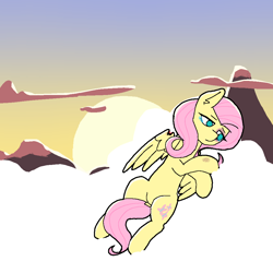 Size: 1000x1000 | Tagged: artist needed, source needed, safe, fluttershy, pegasus, pony, g4, black eye, bruised, cloud, female, injured, looking away, looking down, lying down, mare, mountain, no pupils, on a cloud, outdoors, partially open wings, sad, solo, sunset, teary eyes, wings