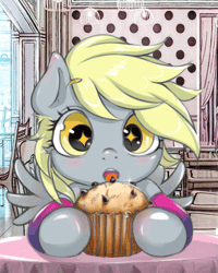 Size: 374x468 | Tagged: safe, artist:mdwines, derpy hooves, pegasus, pony, g4, animated, big eyes, blush lines, blushing, bust, cafe, chibi, cute, derpabetes, female, filly, foal, food, gif, muffin, open mouth, portrait, solo, sparkly eyes, wingding eyes