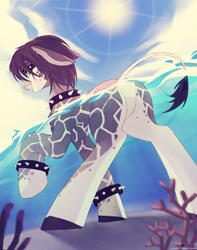 Size: 2820x3582 | Tagged: safe, artist:teturirusu, oc, oc only, oc:davidsd, earth pony, giraffe, pony, butt, collar, commission, concave belly, coral, crepuscular rays, featureless crotch, full body, high res, looking at you, low angle, male, ocean, partially submerged, plot, quadrupedal, raised hoof, solo, standing, sun, sunlight, underwater, water, ych result
