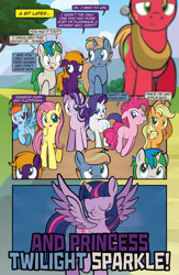 Size: 1920x2948 | Tagged: safe, artist:alexdti, applejack, big macintosh, fluttershy, pinkie pie, rainbow dash, rarity, starlight glimmer, twilight sparkle, oc, oc:brainstorm (alexdti), oc:purple creativity, oc:star logic, alicorn, earth pony, pegasus, pony, unicorn, comic:quest for friendship retold, g4, black outlines, mane six, spread wings, twilight sparkle (alicorn), wings