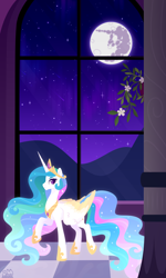 Size: 3000x5000 | Tagged: safe, artist:kabuvee, princess celestia, alicorn, pony, g4, crown, ethereal mane, ethereal tail, female, hoof shoes, jewelry, mare, mare in the moon, moon, plant, regalia, shooting star, solo, starry sky, stars, tail, window