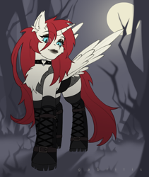 Size: 1236x1462 | Tagged: safe, artist:gabrilis, oc, oc:rosiesquish, alicorn, pony, black lipstick, chest fluff, choker, clothes, forest, full moon, heart, horn, lipstick, makeup, moon, night, outdoors, red hair, solo, standing, wide eyes, wings