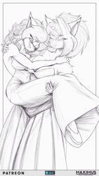 Size: 2160x3840 | Tagged: safe, artist:maximus, oc, oc only, oc:solaria, oc:sunlight stellaris, unicorn, anthro, plantigrade anthro, anthro oc, breasts, bridal carry, carrying, clothes, dress, duo, female, glasses, high res, lesbian, looking at each other, looking at someone, marriage, monochrome, wedding, wedding dress