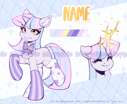 Size: 2813x2304 | Tagged: safe, artist:sugarstar, oc, oc only, pony, unicorn, adoptable, clothes, high res, magic, reference sheet, socks, solo, striped socks