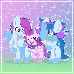 Size: 2740x2740 | Tagged: safe, artist:yoshter7, oc, oc only, oc:callisto lightshine, oc:luna lightshine, oc:moon lightshine, pegasus, pony, abstract background, big ears, blue eyes, blue mane, circle eyes, clothes, colored, colored wings, female, filly, foal, frame, gradient background, heart, heart eyes, high res, love, lunar tails, male, mare, outline, pegasus oc, purple eyes, purple mane, purple pony, shy, shy mare, signature, sparkles, spread wings, stallion, two toned mane, two toned wings, white outline, wingding eyes, wings