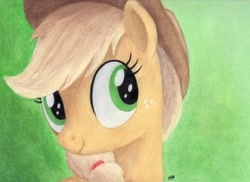 Size: 3510x2550 | Tagged: safe, artist:septilsix, applejack, earth pony, pony, g4, bust, female, gradient background, high res, mare, portrait, traditional art