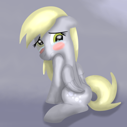 Size: 1920x1920 | Tagged: safe, artist:platinumdrop, derpy hooves, pegasus, pony, g4, alone, blushing, butt, commission, crying, cute, derpabetes, ears back, female, flank, floppy ears, folded wings, gradient background, looking at you, looking back, looking back at you, mare, plot, sad, sad pony, sadorable, scrunchy face, simple background, sitting, solo, tears of sadness, teary eyes, wings