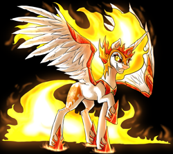 Size: 3834x3408 | Tagged: safe, artist:not-ordinary-pony, derpibooru exclusive, daybreaker, alicorn, pony, g4, armor, black background, crown, female, glowing, glowing eyes, high res, hoof shoes, jewelry, mane of fire, mare, peytral, regalia, simple background, smiling, solo, sternocleidomastoid