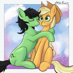 Size: 3000x3000 | Tagged: safe, alternate version, artist:arisu-kun, applejack, oc, oc:filly anon, earth pony, pony, g4, digital art, eyes closed, female, filly, high res, hug, mare, passepartout, sitting, varying degrees of want