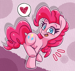 Size: 1976x1872 | Tagged: safe, artist:lou, pinkie pie, earth pony, pony, g4, abstract background, drop shadow, emanata, female, heart, jumping, looking at you, mare, open mouth, open smile, outline, pictogram, raised leg, screentone, smiling, smiling at you, solo, speech bubble, turned head, white outline