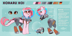 Size: 3534x1791 | Tagged: safe, artist:rexyseven, oc, oc only, oc:koraru koi, merpony, augmented, bubble helmet, female, gills, helmet, prosthetic leg, prosthetic limb, prosthetics, rebreather, reference sheet, smiling, solo