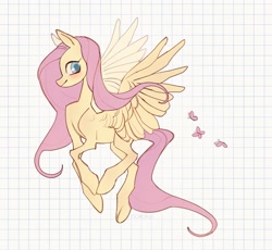 Size: 1701x1562 | Tagged: safe, artist:somorai, fluttershy, butterfly, pegasus, pony, g4, 2021, checkered background, colored sketch, female, flying, mare, sketch, solo