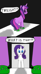 Size: 1080x1920 | Tagged: safe, artist:auro, rarity, twilight sparkle, pony, unicorn, g4, between legs, comic, crazy face, crocs, duo, faic, frazzled hair, from behind, messy mane, shadow, speech, speech bubble, talking, text, this will end in death, this will end in tears, this will end in tears and/or death, twilight crockle, unicorn twilight