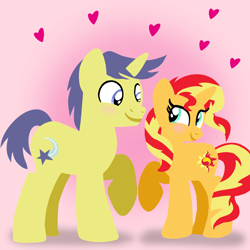 Size: 1400x1400 | Tagged: safe, artist:mlplary6, comet tail, sunset shimmer, pony, unicorn, g4, adoracomet, blushing, boyfriend and girlfriend, cute, female, heart, lineless, looking at each other, looking at someone, love, male, mare, shimmerbetes, ship:cometshimmer, shipping, smiling, smiling at each other, stallion, straight
