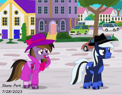 Size: 10000x7742 | Tagged: safe, artist:creedyboy124, oc, oc only, oc:ghostpony, oc:princess kincade, alicorn, earth pony, pony, g4, alicorn oc, car, clothes, coat, detective, fedora, female, hat, horn, male, mare, stallion, trenchcoat, wings