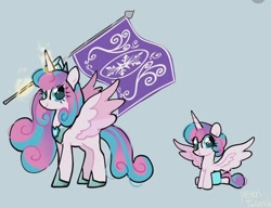 Size: 748x573 | Tagged: safe, artist:petaltwinkle, princess flurry heart, alicorn, pony, g4, adult flurry heart, baby, baby pony, duality, flag, glowing, glowing horn, gray background, hoof shoes, horn, levitation, magic, older, older flurry heart, peytral, princess shoes, simple background, spread wings, telekinesis, time paradox, wings