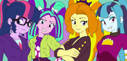 Size: 2100x1024 | Tagged: safe, artist:aokushan, adagio dazzle, aria blaze, sci-twi, sonata dusk, twilight sparkle, human, equestria girls, g4, female, furcoat, group, music festival outfit, pigtails, ponytail, quartet, the dazzlings, twintails