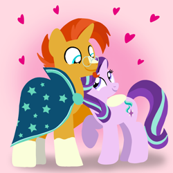 Size: 1400x1400 | Tagged: safe, artist:mlplary6, starlight glimmer, sunburst, pony, unicorn, g4, boyfriend and girlfriend, clothes, cute, female, glasses, glimmerbetes, heart, lineless, looking at each other, looking at someone, love, male, mare, ship:starburst, shipping, smiling, smiling at each other, stallion, straight, sunbetes