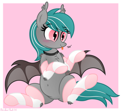 Size: 3304x3016 | Tagged: safe, artist:rainbowšpekgs, oc, oc only, oc:malachite cluster, bat pony, pony, :p, bat pony oc, bat wings, belly, belly button, blushing, chest fluff, choker, chubby, clothes, cute, fangs, high res, hockless socks, male, passepartout, socks, stallion, striped socks, tongue out, wings