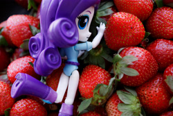 Size: 4992x3328 | Tagged: safe, photographer:plastikdarling, rarity, anthro, equestria girls, g4, belt, boots, clothes, doll, equestria girls minis, eqventures of the minis, female, food, high heel boots, photo, shirt, shoes, skirt, solo, strawberry, toy