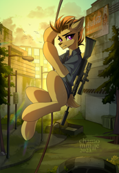 Size: 2075x3000 | Tagged: safe, artist:chamommile, oc, oc only, deer, deer pony, earth pony, hybrid, original species, pony, fallout equestria, ammunition, angry face, apocalypse, clothes, commission, deer oc, earth pony oc, fallout, gun, high res, horns, looking at you, looking back, looking back at you, non-pony oc, purple eyes, rifle, shirt, sniper, sniper rifle, solo, sunset, uniform, weapon, ych result, yellow skin