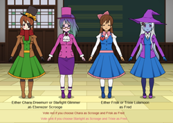 Size: 800x568 | Tagged: safe, artist:princess-josie-riki, starlight glimmer, trixie, human, g4, boots, bow, clothes, eyepatch, female, glasses, gloves, hair bow, hat, humanized, jacket, kisekae, scarf, shirt, shoes, skirt, top hat, vest