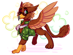 Size: 1600x1200 | Tagged: safe, artist:falafeljake, oc, oc only, oc:pavlos, griffon, bandage, broken bone, broken wing, cast, chest fluff, claws, clothes, colored wings, eared griffon, griffon oc, injured, one eye closed, one wing out, paws, shirt, simple background, sling, solo, sunglasses, white background, wings, wink