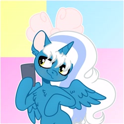 Size: 6890x6890 | Tagged: safe, artist:riofluttershy, oc, oc only, oc:fleurbelle, alicorn, pony, alicorn oc, bow, cellphone, chest fluff, female, hair bow, horn, long hair, long mane, mare, phone, solo, wings, yellow eyes