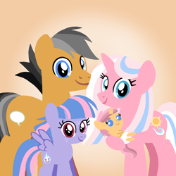 Size: 1400x1400 | Tagged: safe, artist:mlplary6, clear sky, quibble pants, wind sprint, oc, oc:tag aura, earth pony, pegasus, pony, unicorn, g4, baby, baby pony, carrying, clearbetes, cute, family, father and child, father and daughter, female, filly, foal, half-siblings, half-sisters, husband and wife, looking at you, male, mare, mother and child, mother and daughter, parents:quibblesky, quibblebetes, ship:quibblesky, shipping, smiling, smiling at you, sprintabetes, stallion, stepfather and stepdaughter, straight