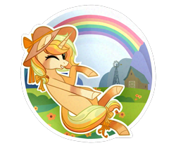 Size: 955x807 | Tagged: safe, artist:princess-of-the-nigh, oc, oc only, oc:sunny glow, pony, unicorn, female, hat, mare, rainbow, simple background, solo, transparent background, windmill