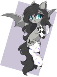 Size: 1126x1542 | Tagged: safe, artist:cinnamontee, oc, oc only, oc:boggy, bat pony, pony, abstract background, bat ears, bat pony oc, bat wings, clothes, eyebrows, fangs, female, flying, hooves to the chest, mare, slit pupils, smiling, socks, solo, spread wings, stockings, thigh highs, wings