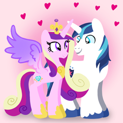 Size: 1400x1400 | Tagged: safe, artist:mlplary6, princess cadance, shining armor, alicorn, pony, unicorn, g4, crown, cute, cutedance, female, heart, husband and wife, jewelry, looking at each other, looking at someone, love, male, mare, regalia, shining adorable, ship:shiningcadance, shipping, smiling, smiling at each other, stallion, straight
