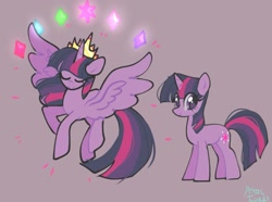 Size: 1509x1120 | Tagged: safe, artist:petaltwinkle, twilight sparkle, alicorn, pony, unicorn, g4, crown, duality, element of generosity, element of honesty, element of kindness, element of laughter, element of loyalty, element of magic, elements of harmony, eyes closed, female, flying, gray background, jewelry, mare, regalia, simple background, solo, spread wings, time paradox, twilight sparkle (alicorn), unicorn twilight, wings