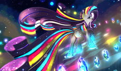 Size: 2315x1350 | Tagged: safe, alternate version, artist:darksly, rarity, pony, unicorn, g4, diamonds, female, glowing, long mane, long tail, looking at you, mare, neon, rainbow power, smiling, solo, tail