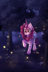 Size: 3800x5760 | Tagged: safe, artist:jsunlight, oc, oc only, firefly (insect), insect, kirin, pony, forest, night, open mouth, open smile, outdoors, raised hoof, signature, smiling, solo, standing, tree