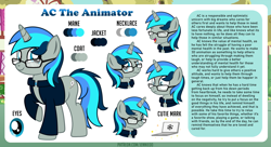 Size: 5450x2974 | Tagged: safe, artist:jennieoo, oc, oc:ac the animator, pony, unicorn, bio, commission, cutie mark, eye, eyes, glasses, happy, looking at you, one eye closed, reference, reference sheet, shocked, shocked expression, smiling, smiling at you, solo, wink