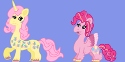 Size: 3000x1500 | Tagged: safe, artist:mintwhistle, fluttershy, pinkie pie, pegasus, pony, twinkle eyed pony, unicorn, g4, blue background, colored hooves, colored wings, concave belly, duo, duo female, feathered fetlocks, female, fluttershy (g5 concept leak), freckles, g5 concept leaks, looking at each other, looking at someone, mare, medibang paint, multicolored hair, multicolored mane, multicolored wings, open mouth, open smile, pegasus pinkie pie, pinkie pie (g5 concept leak), race swap, redesign, simple background, smiling, smiling at each other, spread wings, twice as fancy ponies, unicorn fluttershy, unshorn fetlocks, wings