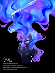 Size: 1300x1700 | Tagged: safe, artist:livitoza, princess luna, alicorn, pony, g4, :3, big ears, black background, chest fluff, collar, concave belly, cutie mark accessory, cutie mark collar, ethereal mane, female, impossibly long mane, long mane, mare, partially open wings, simple background, sitting, slender, solo, starry mane, text, thighs, thin, thunder thighs, windswept mane, wings, wingsa