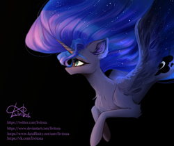 Size: 1510x1270 | Tagged: safe, artist:livitoza, princess luna, alicorn, pony, g4, black background, chest fluff, ear fluff, ethereal mane, female, fluffy, flying, leg fluff, long mane, mare, missing accessory, simple background, solo, spread wings, starry mane, starry wings, wing fluff, wings