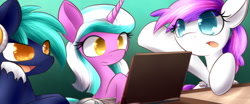 Size: 640x267 | Tagged: safe, artist:dshou, oc, oc only, oc:blank canvas, oc:hoof beatz, oc:mane event, earth pony, pegasus, pony, unicorn, bronycon, banner, computer, female, laptop computer, male, mare, stallion, table, trio, unshorn fetlocks