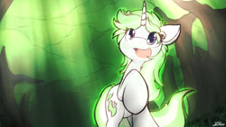 Size: 1920x1080 | Tagged: safe, artist:dshou, oc, oc only, oc:neon shimmers, pony, unicorn, crepuscular rays, female, forest, front view, horn, mare, open mouth, raised hoof, smiling, solo, unicorn oc
