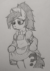Size: 609x863 | Tagged: safe, artist:jargon scott, oc, oc only, oc:anon-mare, earth pony, pony, bipedal, bowtie, clothes, curtsey, female, frown, gloves, grayscale, lidded eyes, long gloves, maid, mare, monochrome, pencil drawing, solo, traditional art