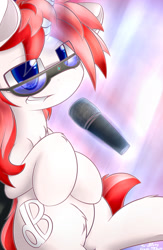 Size: 1250x1920 | Tagged: safe, artist:dshou, oc, oc only, oc:dbpony, pony, unicorn, glasses, glowing, glowing horn, horn, levitation, looking at you, magic, microphone, sitting, smiling, smirk, solo, telekinesis
