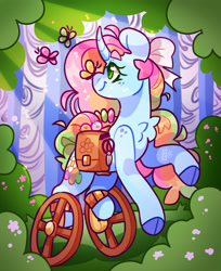 Size: 2214x2711 | Tagged: safe, artist:cocopudu, oc, oc only, oc:sherbet blossom, butterfly, pony, unicorn, amputee, bag, bow, butterfly on nose, chest fluff, cloven hooves, female, forest, freckles, hair bow, high res, insect on nose, mare, saddle bag, shoulder freckles, smiling, solo, wheelchair
