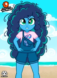 Size: 1329x1800 | Tagged: dead source, safe, artist:theminus, misty brightdawn, human, equestria girls, g4, g5, alternate hairstyle, beach, clothes, cloud, equestria girls-ified, female, g5 to equestria girls, g5 to g4, generation leap, looking at you, messy hair, outdoors, overalls, shirt, sky, smiling, smiling at you, solo, standing, t-shirt, water, younger