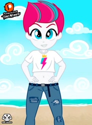 Size: 1107x1500 | Tagged: safe, artist:theminus, zipp storm, human, equestria girls, g4, g5, beach, belly button, clothes, cloud, equestria girls-ified, female, g5 to equestria girls, g5 to g4, generation leap, jeans, looking at you, midriff, outdoors, pants, ripped jeans, ripped pants, shirt, sky, smiling, smiling at you, solo, standing, t-shirt, tomboy, torn clothes, water, younger