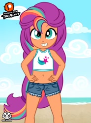 Size: 1329x1800 | Tagged: safe, artist:theminus, sunny starscout, human, equestria girls, g4, g5, beach, belly, belly button, clothes, cloud, equestria girls-ified, g5 to equestria girls, g5 to g4, generation leap, grin, long hair, mane stripe sunny, midriff, outdoors, patreon, patreon logo, shorts, sky, smiling, solo, sternocleidomastoid, younger